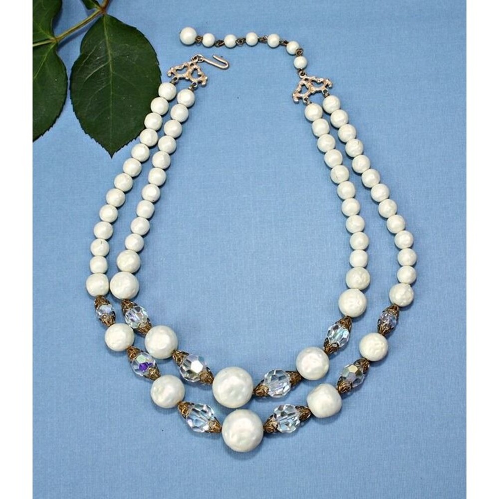 Vintage 2 Strand Necklace Faux Pearls / AB Glass Beads Hong Kong